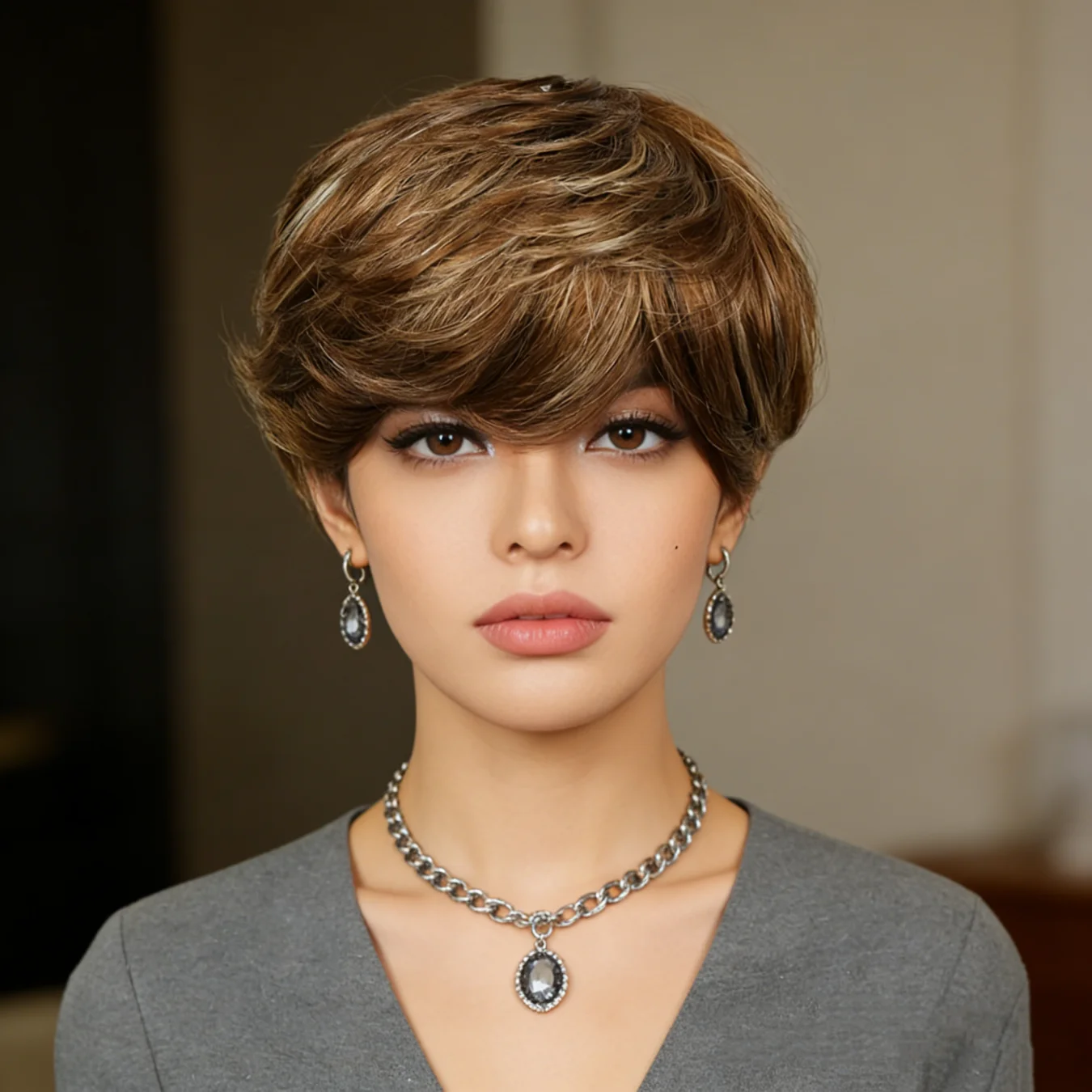 P4/27 Mixed Brown Highlight Pixie Cut Wig Human Hair for Women Short Straight with Bangs 180% Density Natural Look Versatile St image 3