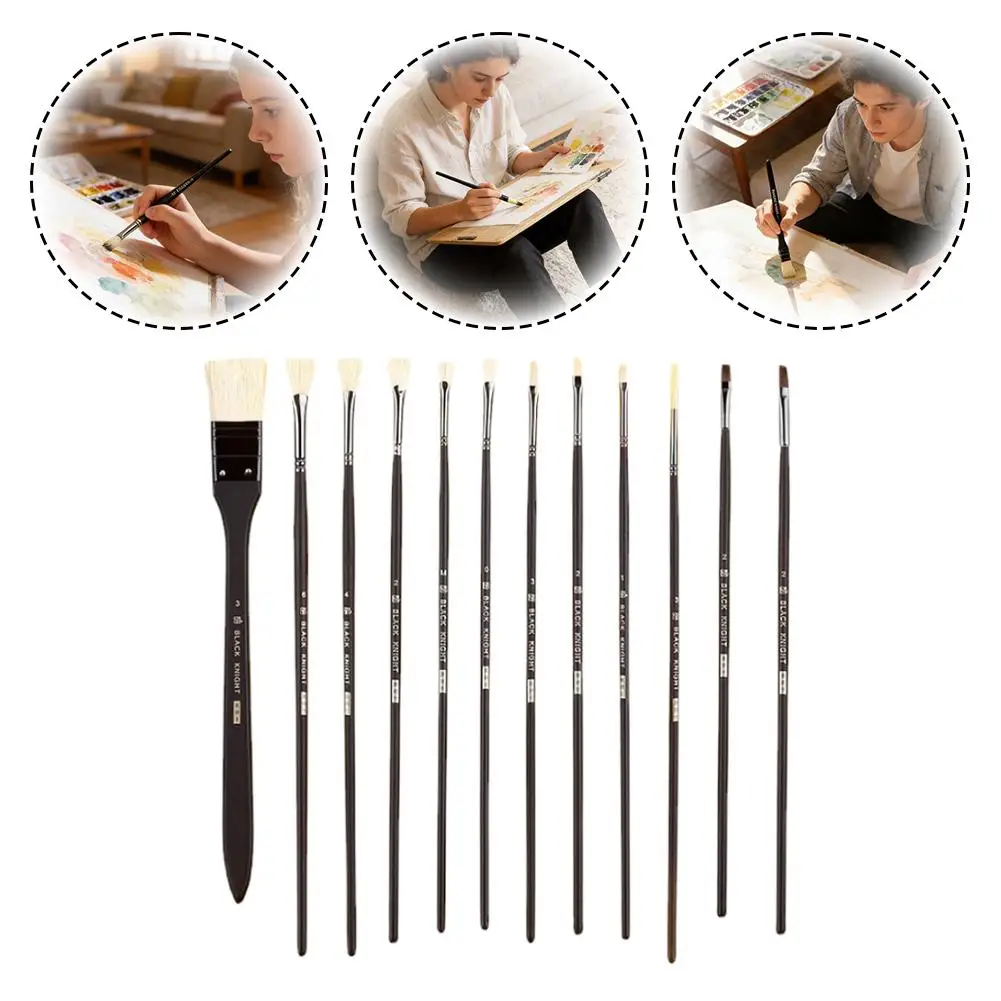 12Pcs Black Knight Series Paint Brush Set - Hog Bristle Brushes For Acrylic Oil Watercolor Painting - For Oil,Acrylic,Gouache
