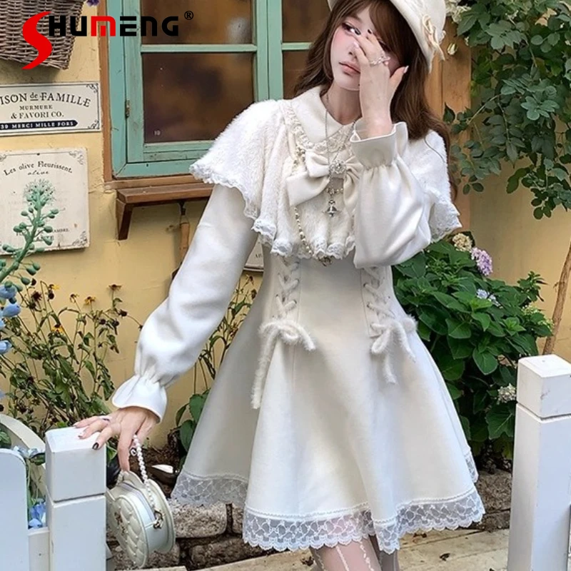 

Шерстяные куртки в стиле Лолиты во французском стиле принцессы, осенне-зимние новые женские облегающие элегантные длинные пальто с накидкой и воротником, женская верхняя одежда