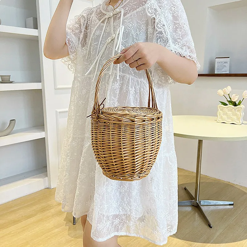 Retro Handmade Bamboo Rattan Woven Straw Bucket Tote Handbag with Flap Cover Beach Barrel Bag