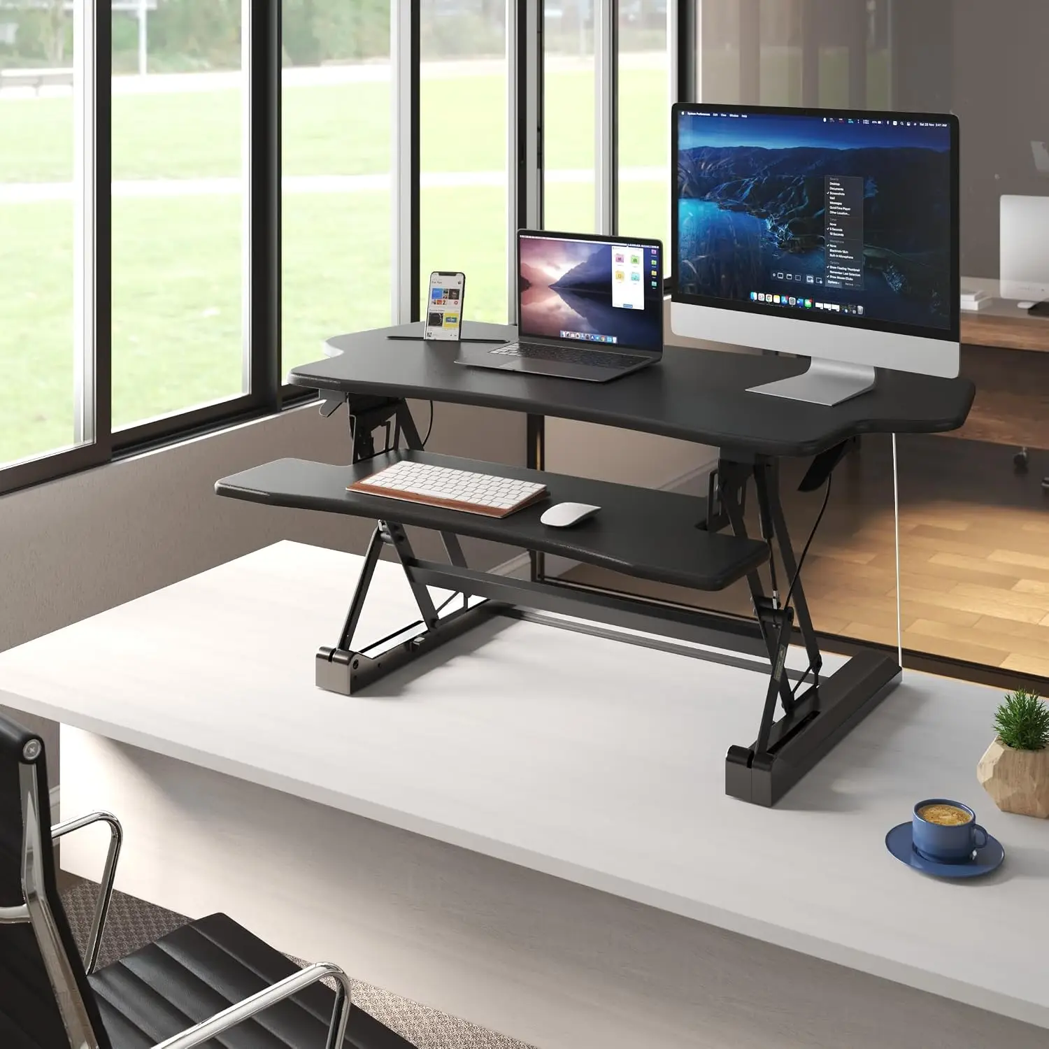 Standing Desk Converter 48 Inch Wide Sit Stand Extra Large Desk Riser Tabletop For 2 Monitors Keyboard Tray Device Slot Height A