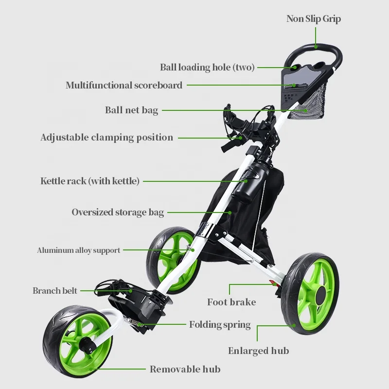 Foldable Aluminum Frame Light Weight Golf Push Cart 3 Wheel Golf Trolley With Multifunctional Scoreboard