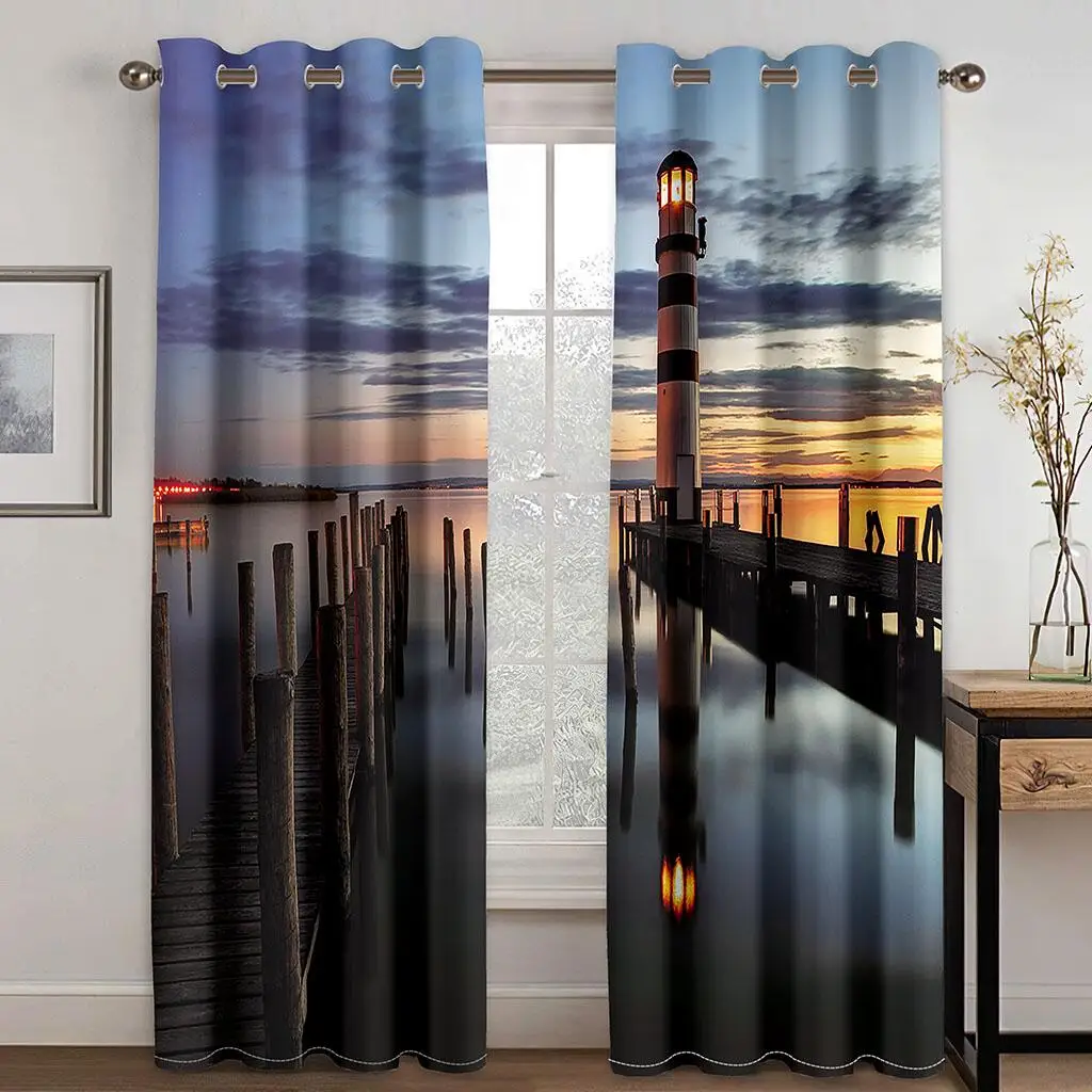 

Lighthouse Pier Curtains Seaside Sunset Print Drapes Romantic Ocean Living Room Bedroom Decor Curtains 2 Panels Set