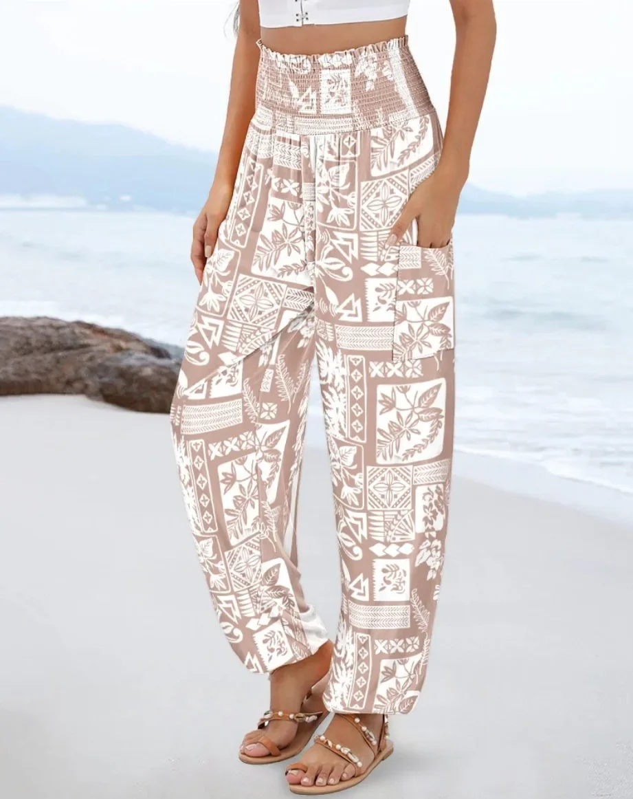 Damen Boho Bedruckte Haremshose mit Hoher Taille, Elastischem Bund, Seitentaschen, Lockere Hose für Strandurlaub und Freizeit – Detail 3
