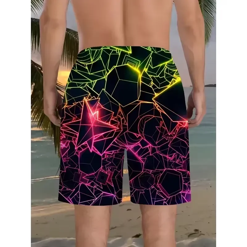 Casual Cool Shorts Men 3D Geometric Print Beach Shorts Polyester Drawstring Waist Lightweight Summer Swim Trunks for Golf