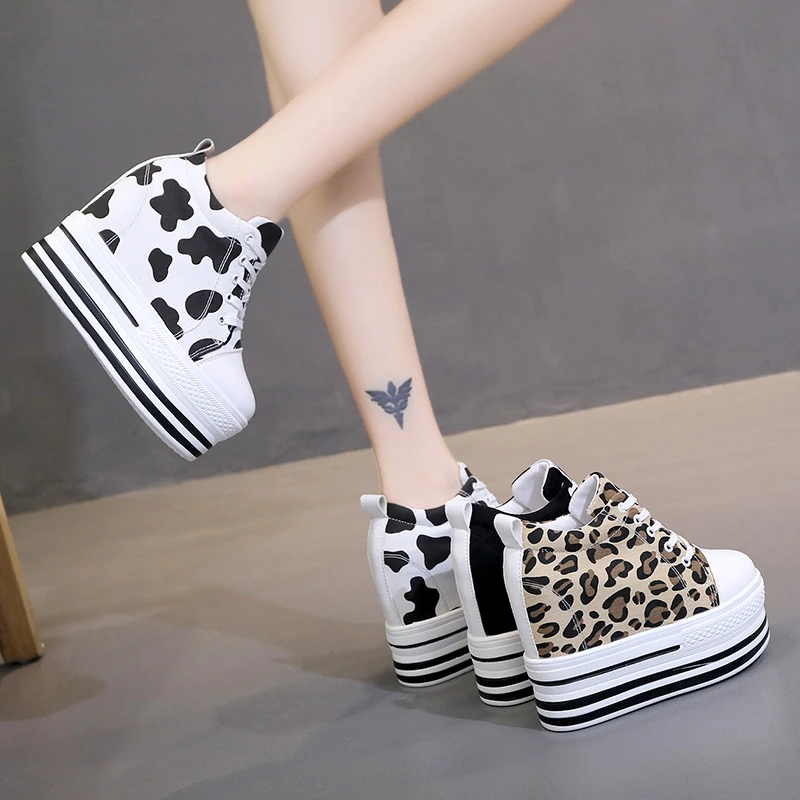 Super high heel platform sneakers women spring and autumn slope with casual canvas shoes black fashion single shoes flat loafers