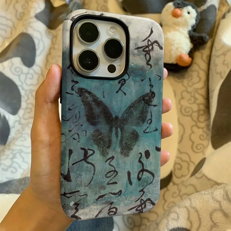 حافظة لهاتف آيفون 16 15 14 11 12 13 Pro Max Plus من الفن الشرقي مستوحاة من الفراشة والخط