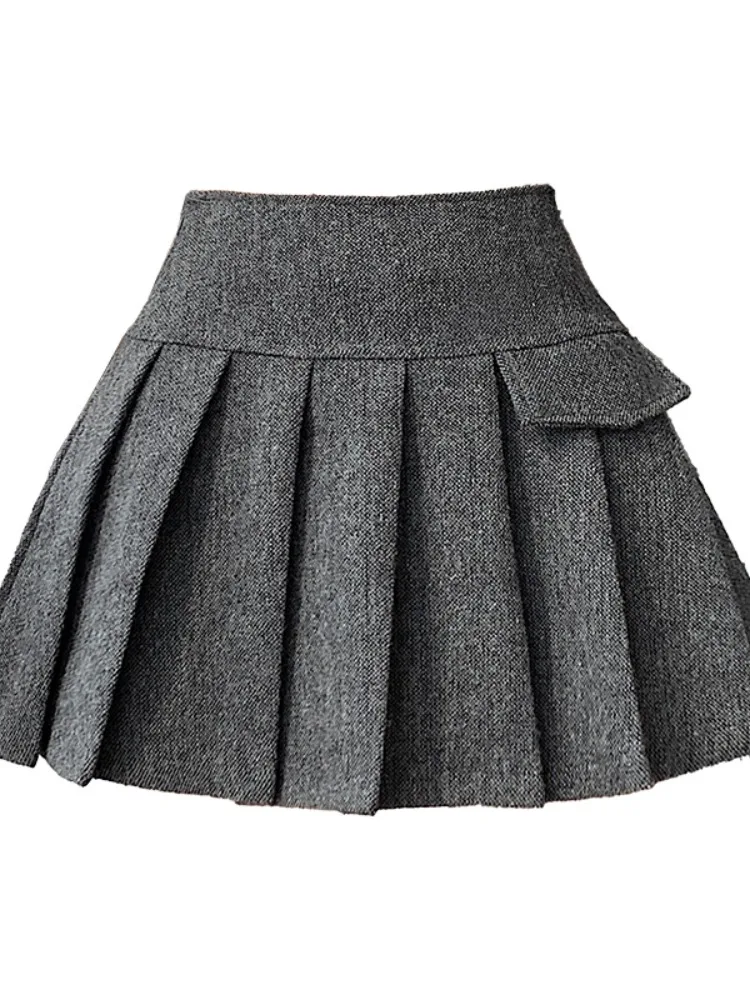 Karamellfarbener Wollrock mit Hoher Taille, A-Linie, Plissiert, Knitterfrei, für Damen, Herbst-Winter, Kleine Größen, Vintage-Stil, Persönlich S...