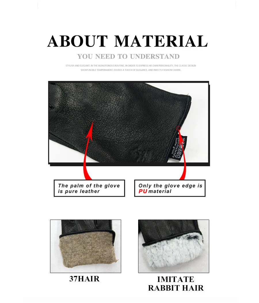 2025 New Winter man deer skin leather gloves male warm soft men's glove black three lines design men mittens sheep hair lining