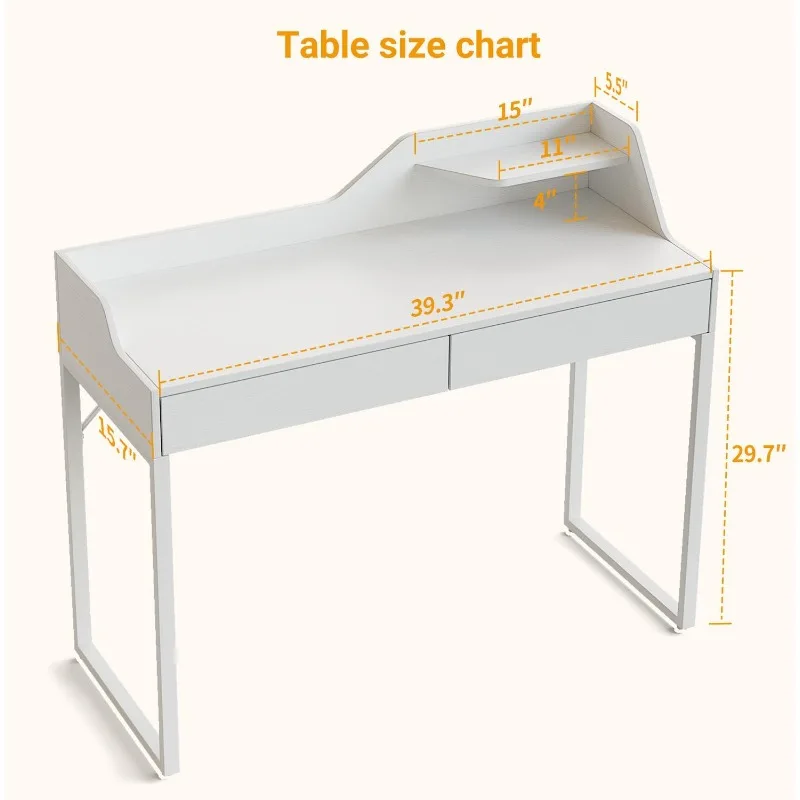 Vanity Desk met 2 lades, 40 inch computer thuiskantoor, modern make-up kaptafel, studeerwerktafel, wit