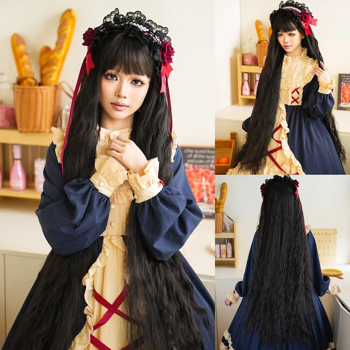 

NAMM 44 Inch Extra Long Black Cosplay Wigs With Bangs Loose Long Curly Black Lolita Wig Synthetic Heat Resistant Costume Wig