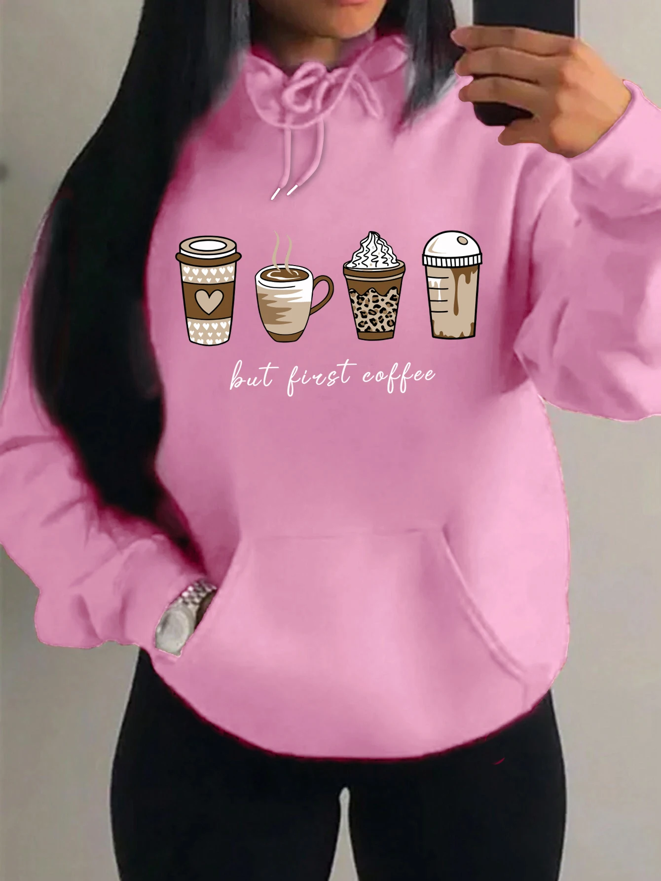 Aber zuerst Kaffee-Cartoons, Kaffeegetränke-Muster, Kapuzenpullover, modische, warme Kapuzenjacke, lässiger, trendiger Sweatshirt, Streetwear, Damenpullover. – Detail 13