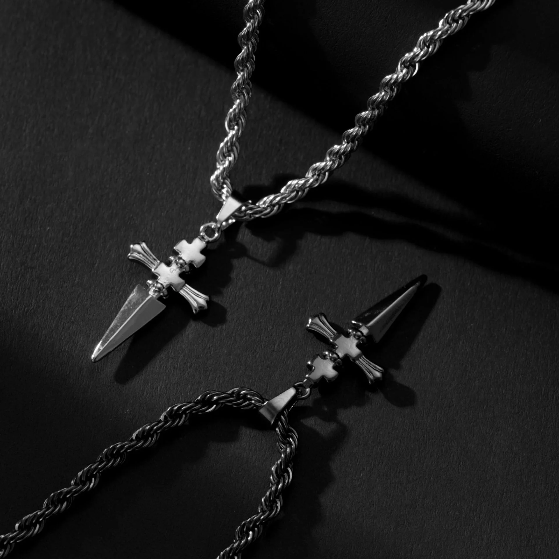 Trendy Cross Knife Pendant Necklace - Personalized Stainless Steel Spiral Chain Bracelet - Festive Decoration - Men's Gift