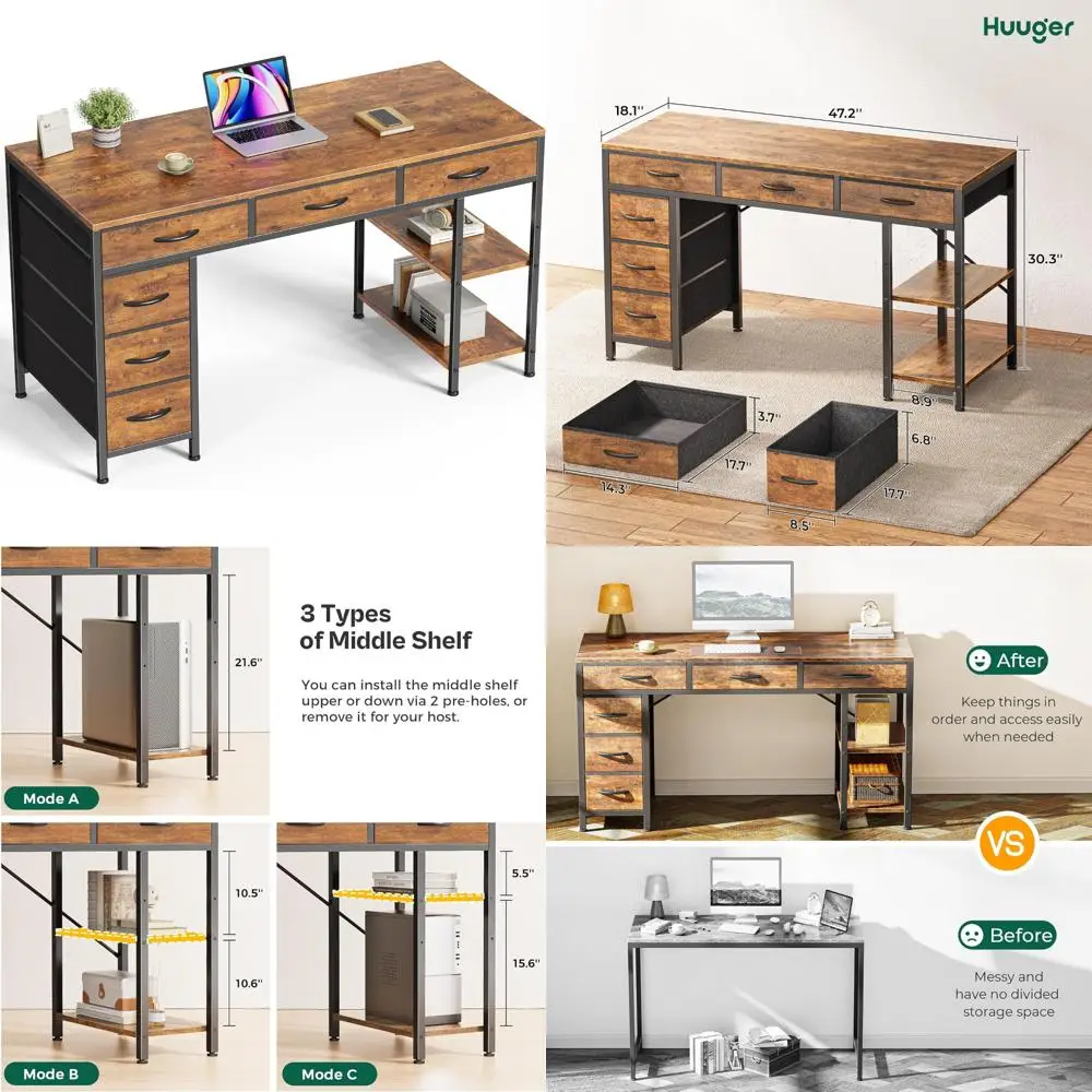 

Large 6-Drawer Computer Desk, 47 Office Desk with Storage Shelves, Reversible Gaming Desk, Corner Desk for Workspace