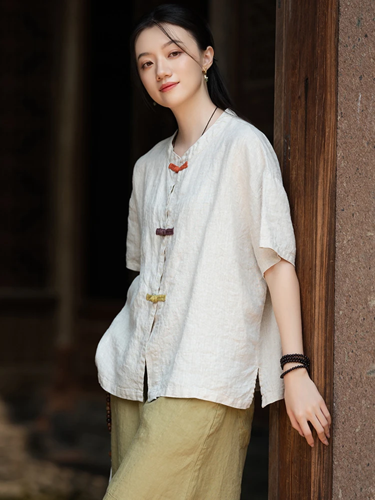 Style chinois femmes coton lin chemise décontractée nouveauté 2025 été Vintage col montant femme à manches courtes hauts chemises M1643
