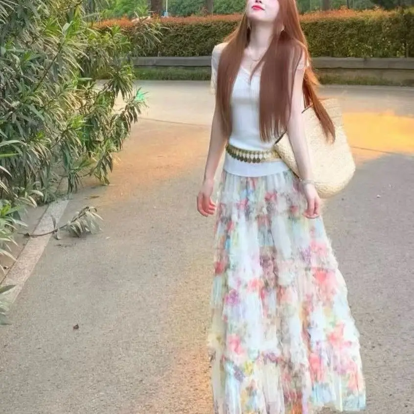 Summer Beautiful Women's Short Sleeve T-Shirt Floral Heavy Cake Skirt Two-Piece Set Casual High Waist Polyester Elastic