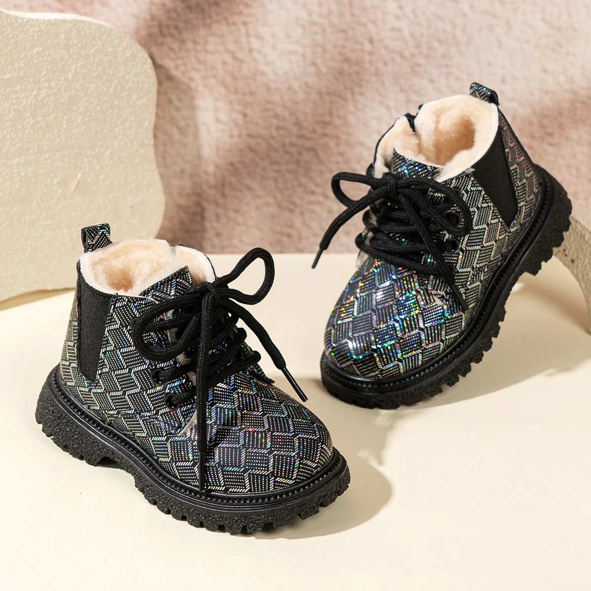 Toddler Kids Holographic Plaid Winter Boots, Lace‑Up Side Zipper Fleece‑Lined Non‑Slip Thick‑Sole Ankle Boots