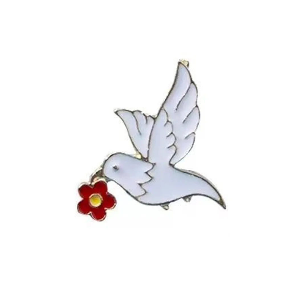 Peace Dove Olive Branch Little Red Flower Enamel Pin Animal Pigeon World Peace Theme Metal Brooch Lapel Badge Jewelry Decor