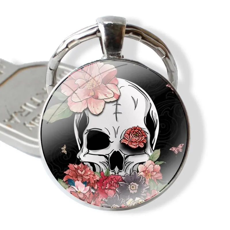 Keychain Handmade Glass Cabochon Key Ring Holder Pendant Key Chains Sugar Skull Girl Tattoo