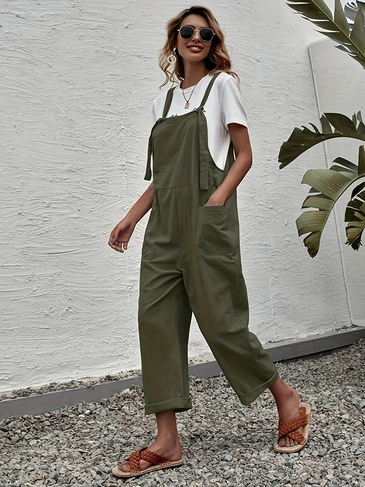 

2024 autumn new women's casual pocket workwear jumpsuit military green loose suspender straight leg jumpsuit