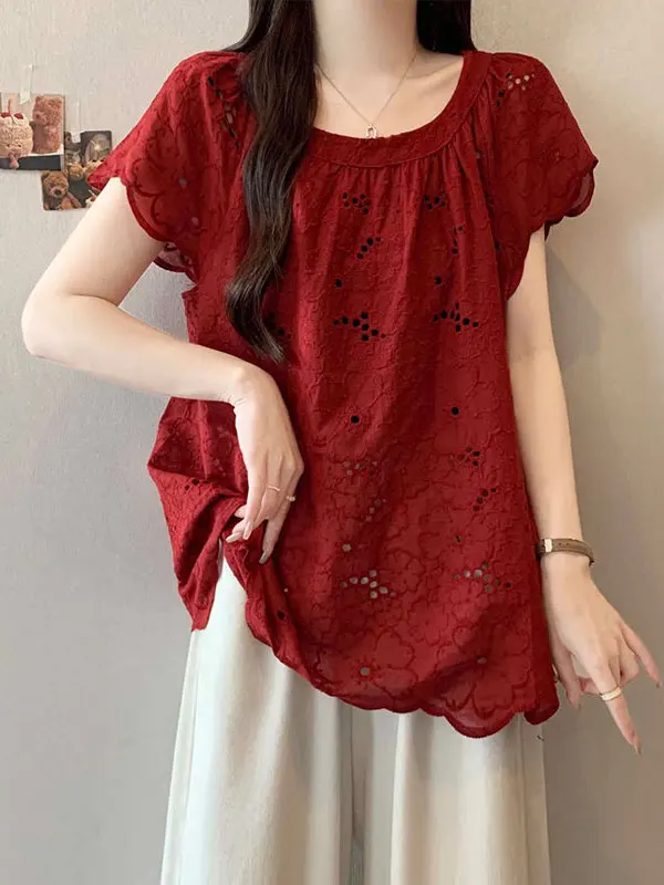 Summer Lace irt Women's Loose Fit ort Sve Hollow out Design plus Size Belly Covering Slimming Single Top