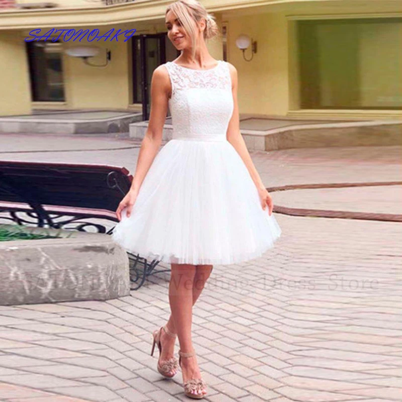 Vestidos De Novia elegancka prosta Boho krótka suknia ślubna dla kobiet O-Neck bez rękawów Mini koronkowa suknia ślubna Robe Mariée Custom