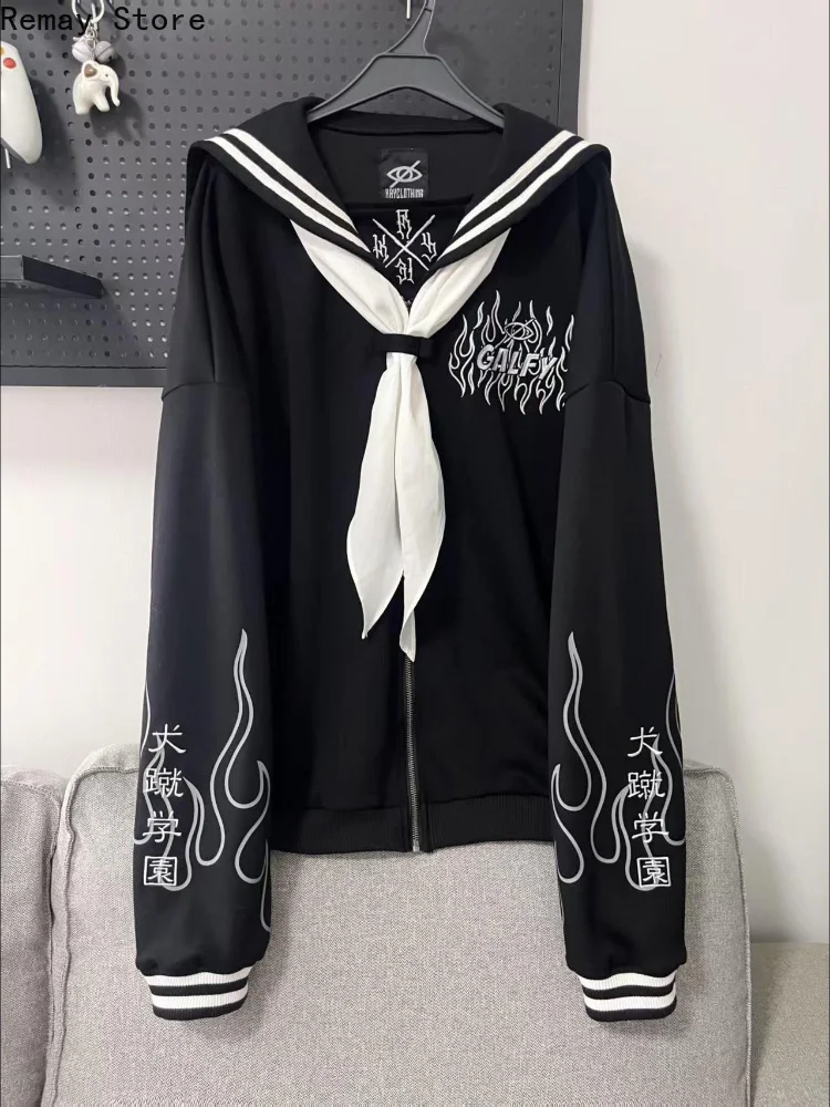 Japanese Harajuku School Sailor Uniform Sweatershirt Black White Navy Collar Loose Subculture Design American Retro Pullovers