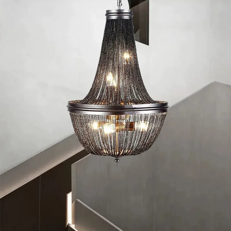 Vintage Industrial Black Metal Chain Bead Empire Teardrop Pendant Chandelier for Dining Living Room Home Decor
