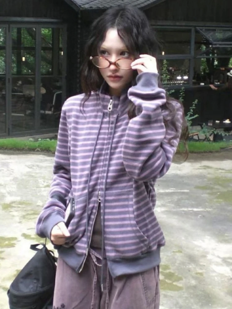 Sudadera de punto vintage americana de los años 90 para mujer, estilo Y2K Harajuku, con rayas y cuadros, forro polar, cremallera, capucha, cárdigan, estilo grunge, para uso diario y urbano.