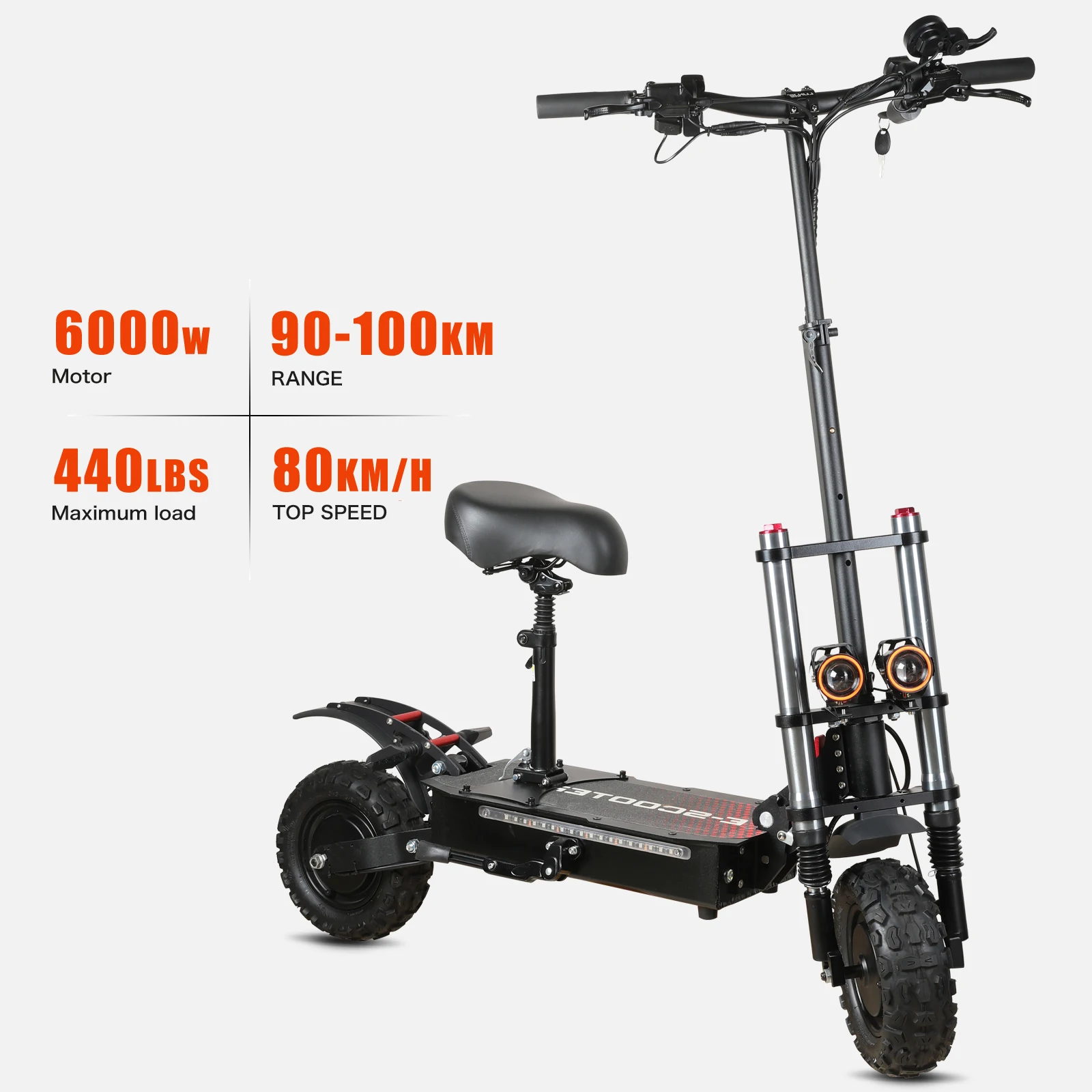 Off-road Electric Scooter with Seat,60V 38Ah Battery,60 Miles Range,440 Lbs Loading,50 Mph Fast Electric for Adults