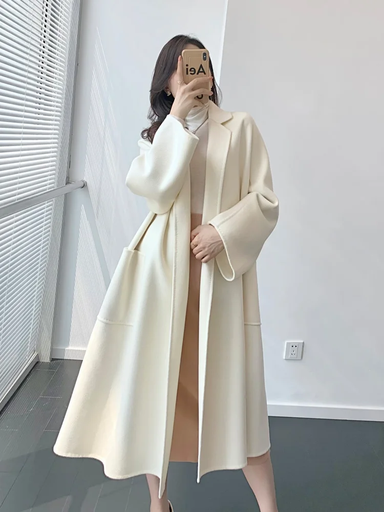 Labbro Double-sided Water Wave Pattern 100% Pure Cashmere Bathrobe Coat Medium Length Milk White Woolen Coat Female