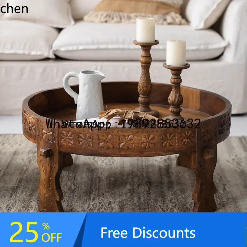 W7- pure handmade solid wood carving flower coffee table retro wooden carving round edge table living room decoration