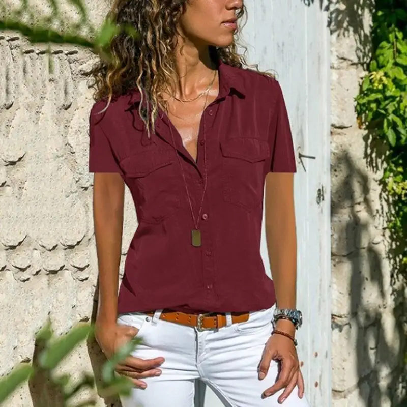 

Women's Collared ort Sve irt Faionable Casual Top for Ladies Polyester Fiber Summer Wear Pure Color irt
