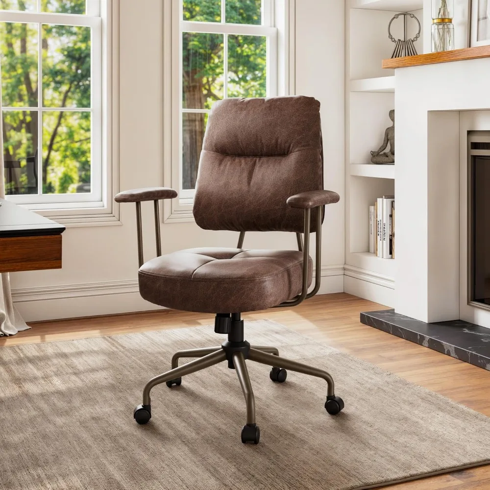 

Mid Century Modern Office Desk Chairs Leather, Comfy Office Chair with Lumbar Support and Arms for Home,