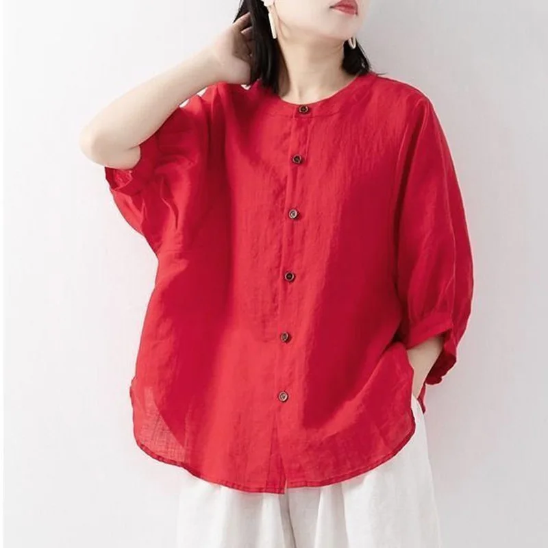 Cotton and linen shirt women's spring and summer thin solid color lantern sleeve stand collar top loose large size shirt