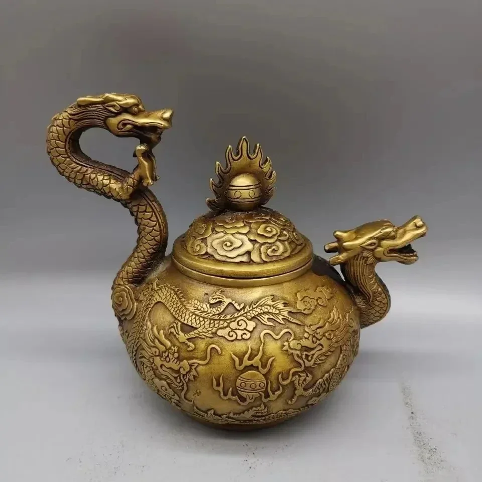 Antique bronze collection dragon pot teapot kettle wrapped pulp embellish home tea ceremony handicraft ornaments