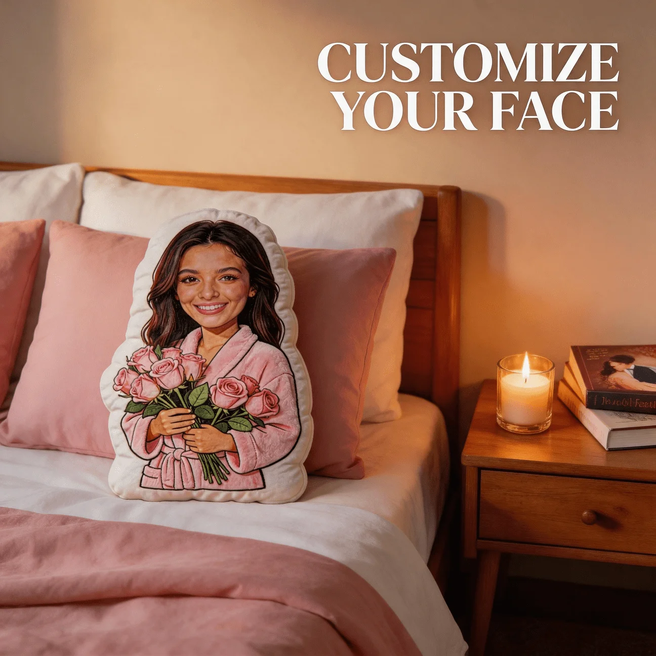 Custom Personalized Photo Shaped Pillow, Smiling Woman Holding Pink Roses Decorative Cushion, Unique Home Decor Accent for Sofa