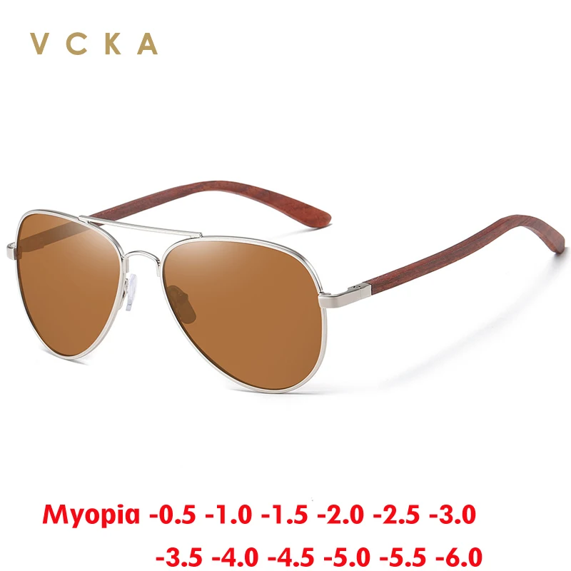

VCKA Pilot Metal+Wood Bamboo Polarized Myopia Sunglasses Men Women Classic Optics Glasses Prescription Eyewear -0.50 to -10