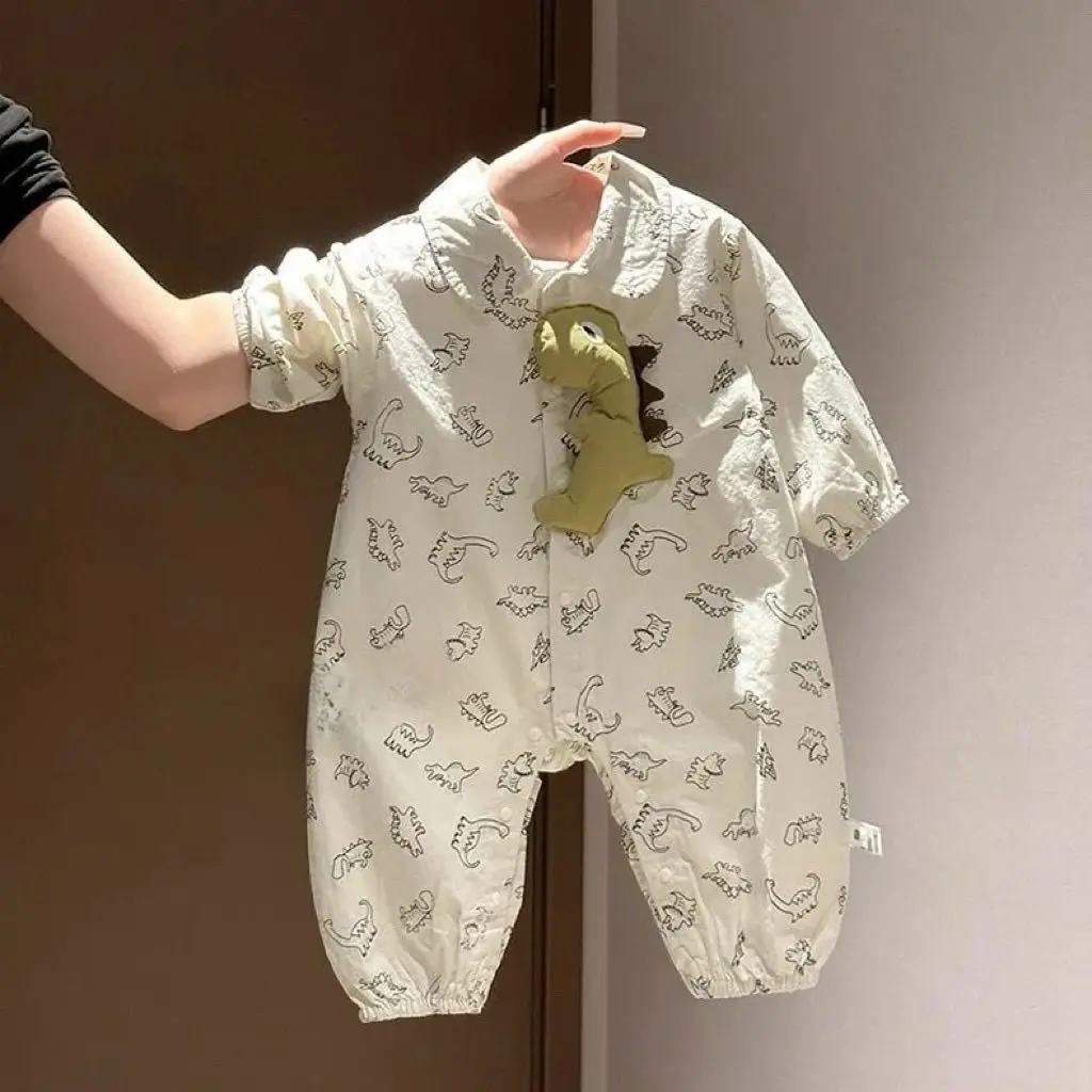 Somenie Baby clothes, spring and autumn clothes, little dinosaur jumpsuit, handsome hoodie, men's baby workwear, lapel