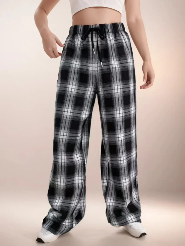 Spring Summer Women Sweatpants Fashion Plaid Pants Baggy High Waist Pockets Student Unisex Hip Hop Loose Trousers Y2k Clothing