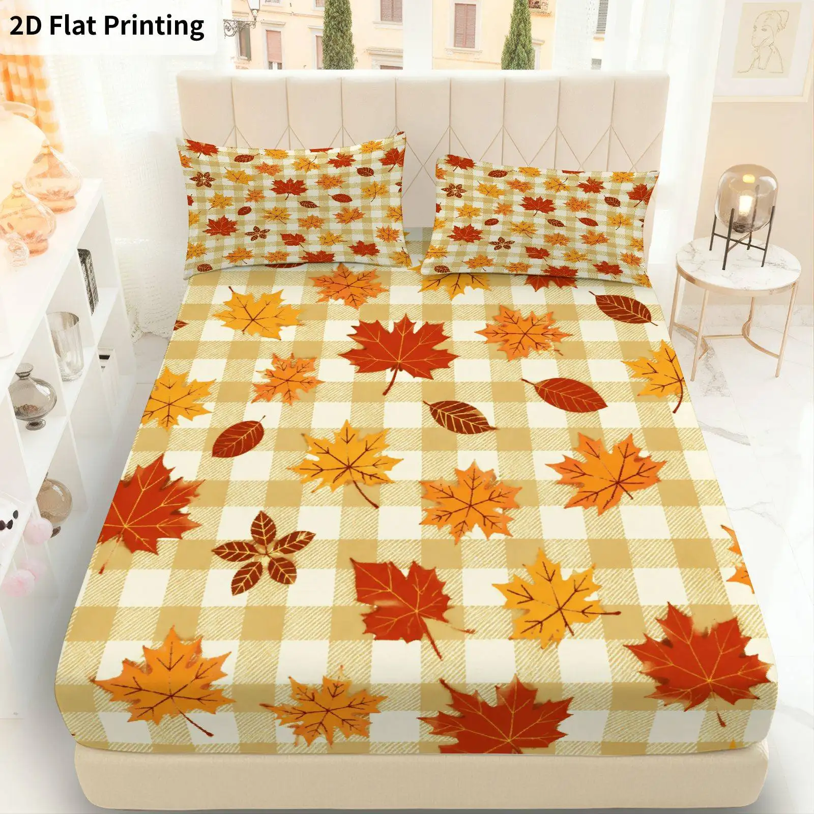 Autumn Leaves Theme Bedding Set Thanksgiving Theme Bedding Sets Full Mattress Protector Breathable Polyester Material (Includes 1 Fitted Sheet + 2 Pillowcases) Mattress Protector Fitted Elastic Style Protective Cover Mattress Protector, Fitted Bedding Set Christmas Theme Bedding Baby Bedding Suitable for Nursery Room
