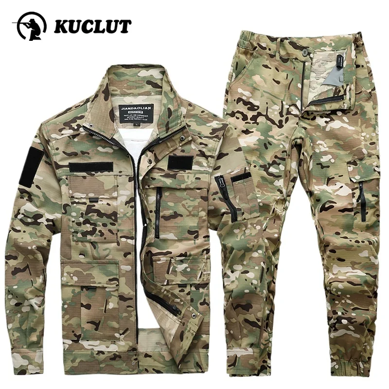 Spring Autumn Camouflage Clothing Set Wear Resistant Multi Pocket Tactics Working Clothes Outdoors Camping Hiking Training Suit