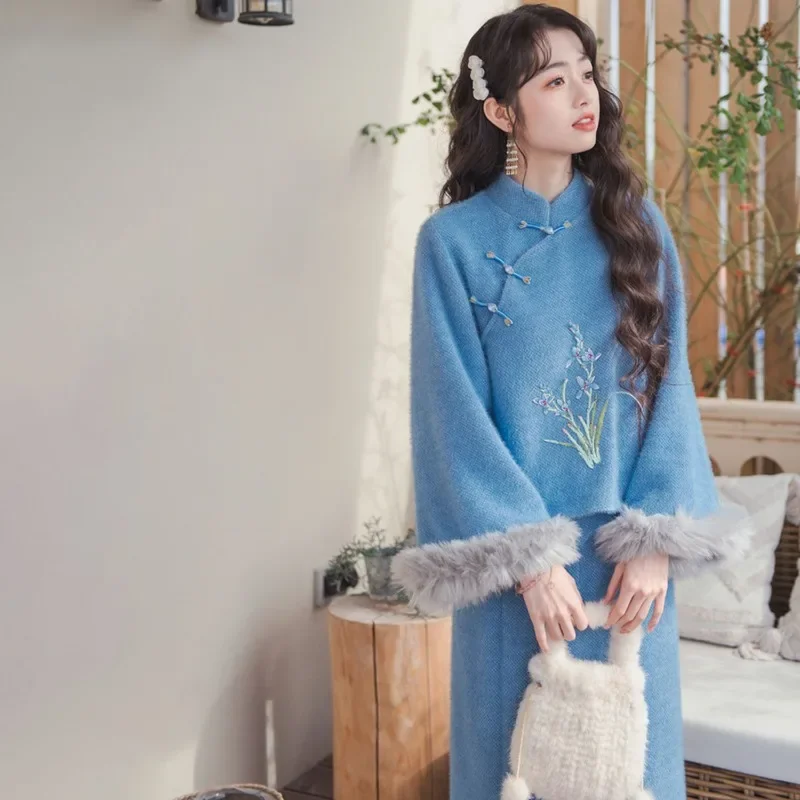 New Chinese improved Hanfu set female autumn and winter new style blue jacket high waist skirt two-piece set