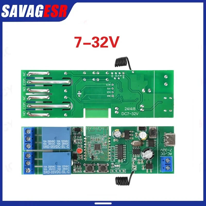 AC/DC 7-32V eWelink APP 2-channel Bluetooth WIFI relay switch module RF version 433MHz RF remote control Type C 5V interface