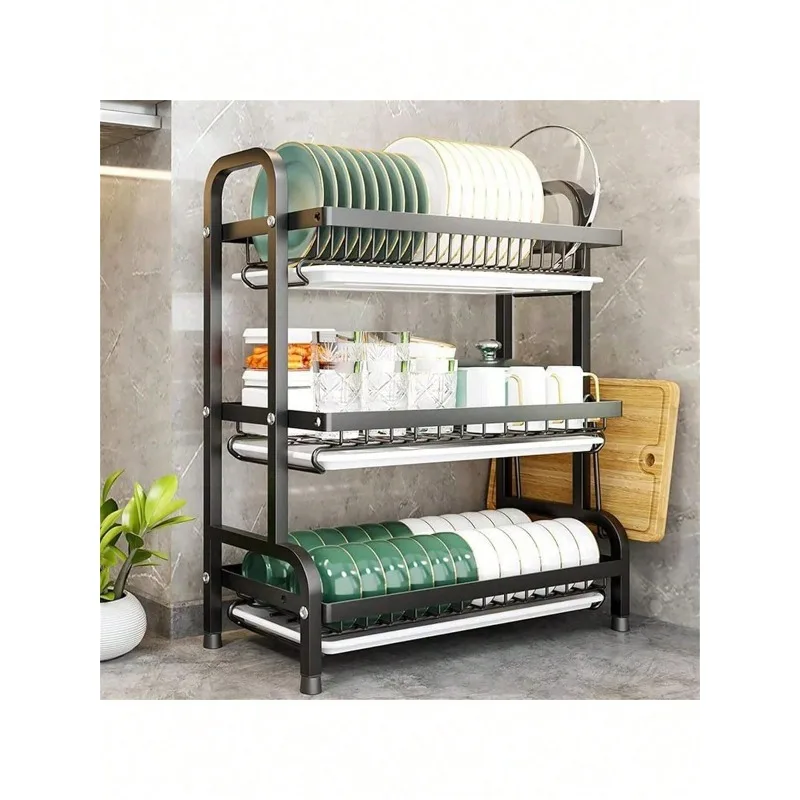 Dish Drying Rack,3-Tier Large Capacity Carbon Steel Kitchen Organizer,Countertop Organizer,With Utensil Holder,Space Saving Dish Rack Drainer For Plates,Bowls,Cups & Tableware,Apartment Essentials,Kitchen Essentials,Countertop Storage,Black