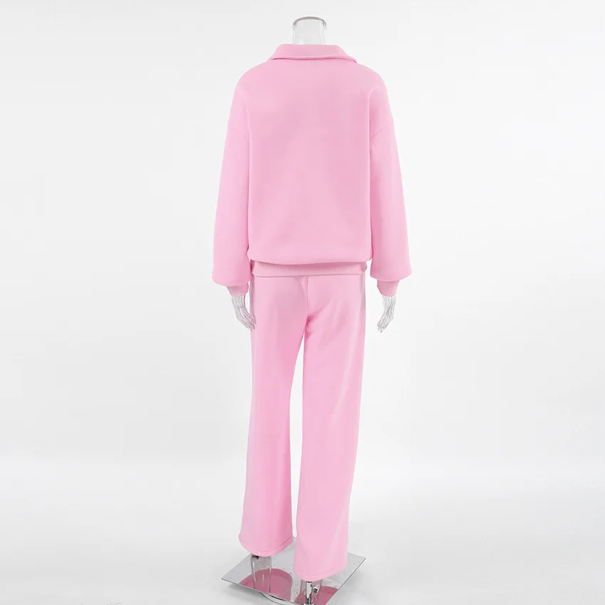 Conjunto de sudadera polo rosa, pantalones de pierna ancha, traje de dos piezas, estilo callejero de ocio atlético