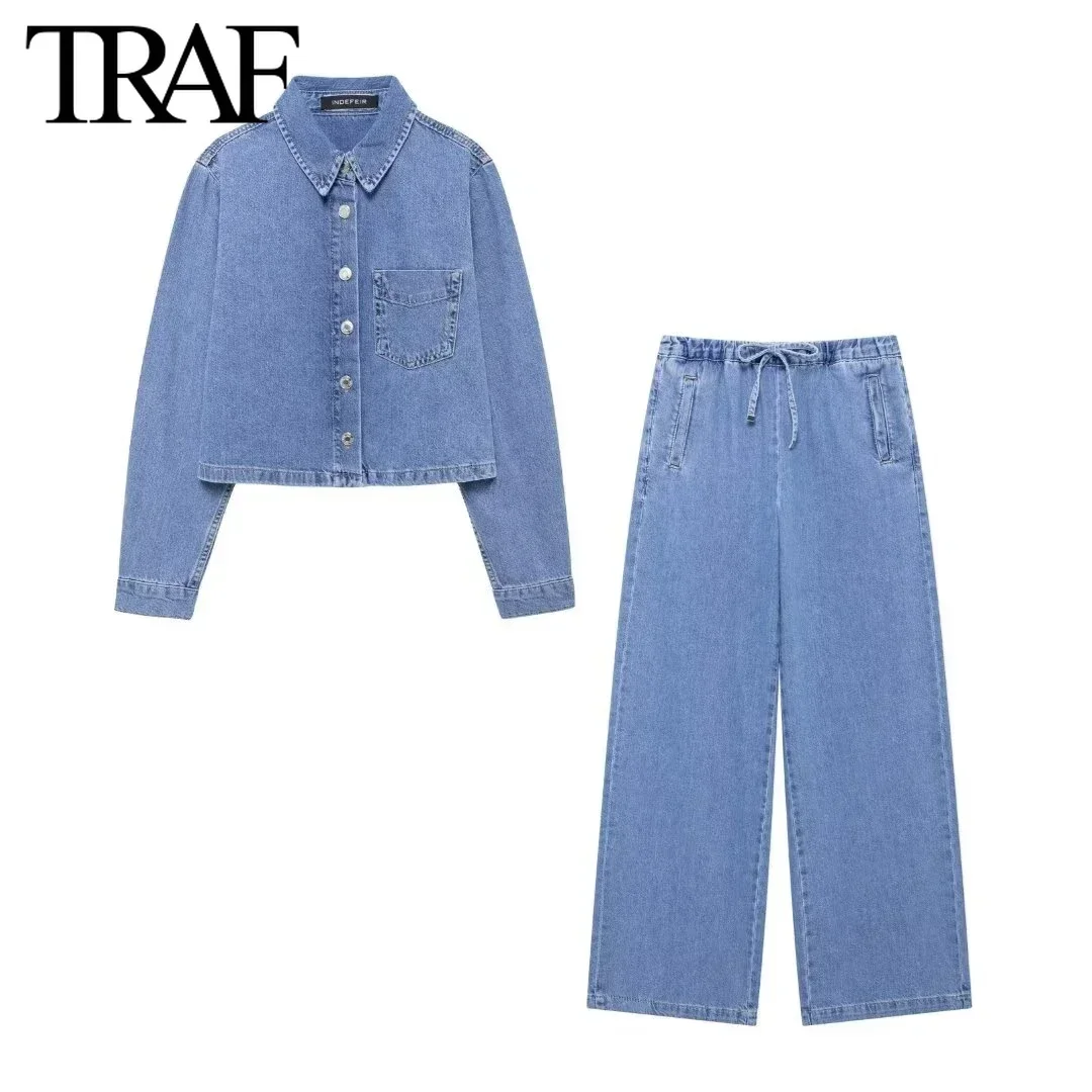 TRAF Women Fashion Denim Single Breasted Long-sleeved Lapels Shirt Ladies High Waist Jogging Style Pants Jeans Two-piece Set