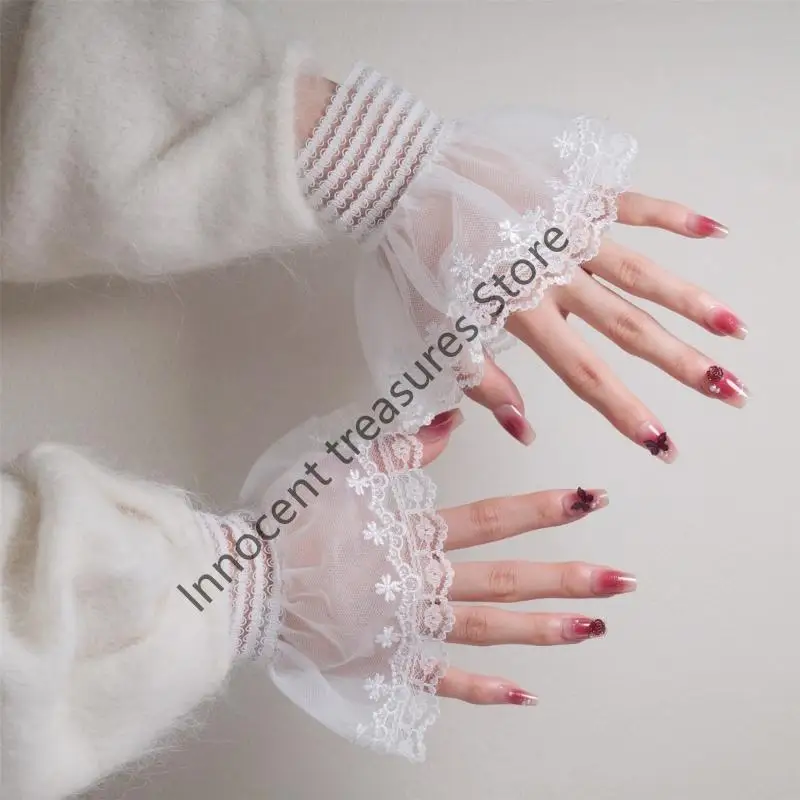 3XUA زوج واحد من أكمام الذراع بطبقة مزدوجة من الدانتيل المطرز بالزهور للنساء مناسبة مادة النايلون المريحة