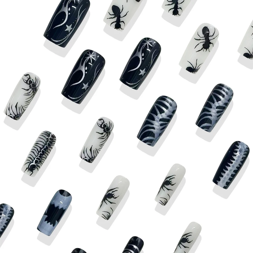 24 Piezas Uñas Postizas Estilo Thriller con Patrón de Insectos Halloween, Punk Negro Ballet Decoración de Arte de Uñas 3