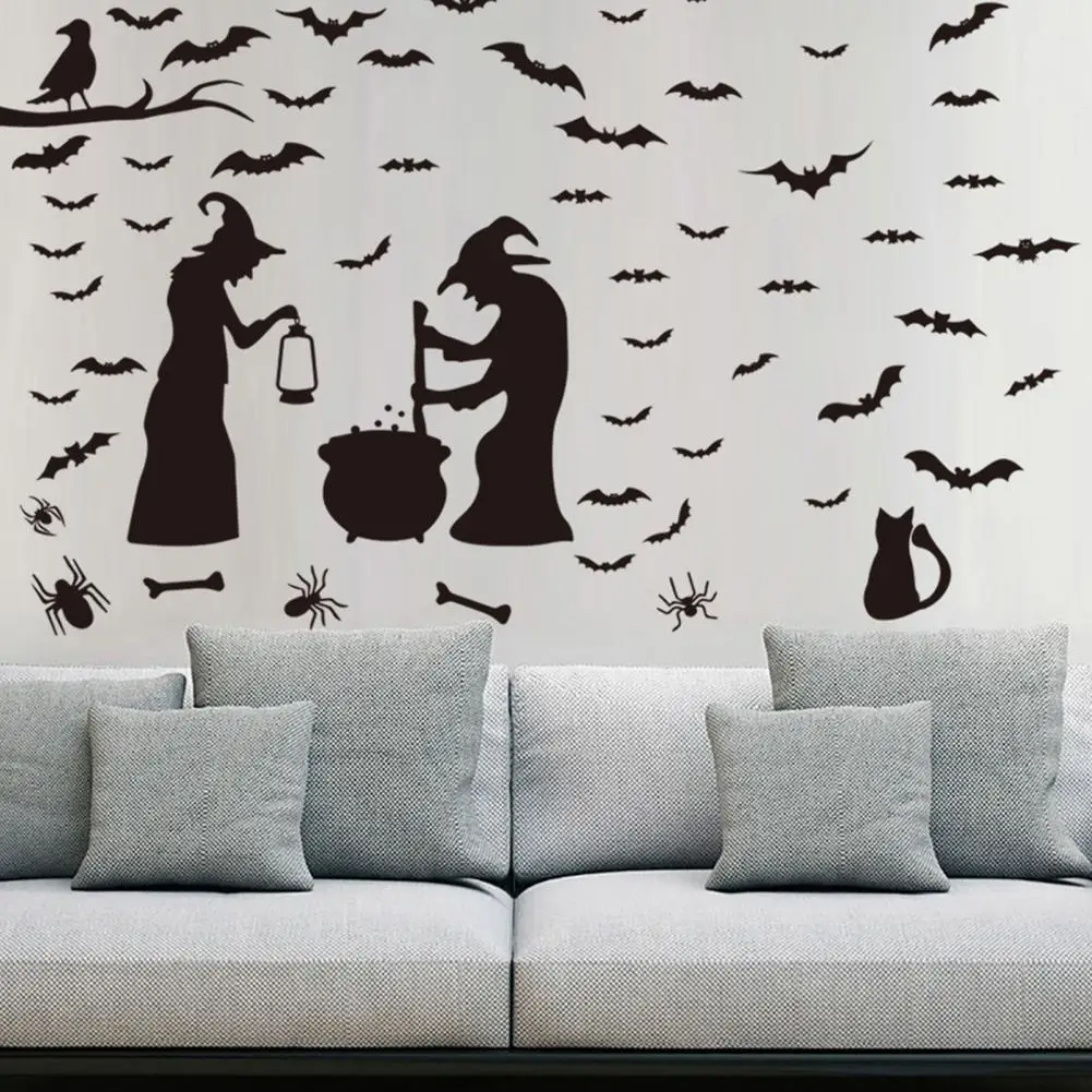 Bat Window Clings Halloween Witch Wall Sticker Set with Bat Spider Black Cat Decals for Home Office Room Bedroom Decoration Pvc